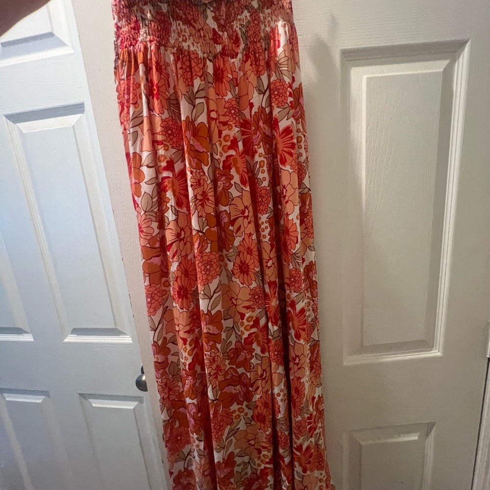 Pink Lily Floral wide leg Pants- Elastic waist. Red and Orange